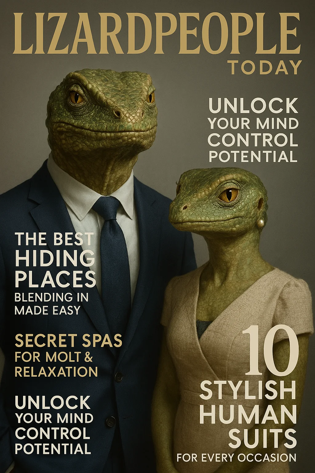 Original Lizardpeople Today cover with a reptilian couple in formal clothing